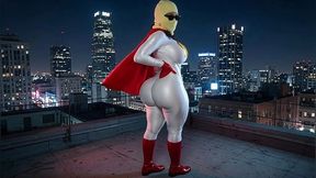 Petite Big Ass Superheroine in White and Red Showing Her Massive Ass