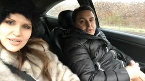 Road trip for Diva Del Tubo and Andrea Dipre jerking off his cock behind the wheel
