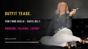Luxury Outfit Smoking Tease | Glam MILF in Tom Ford Heels, Gucci Belt & Satin Blouse Chat on Sofa - Miss Lulu Leather - MP4 HD