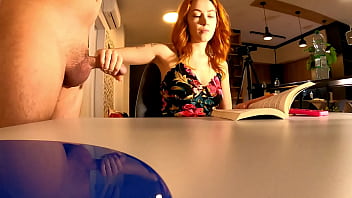 Cock teasing mutual masturbation with new hot and horny redhead secretary who loves to cream the cock and stroke slowly with balls massage