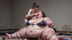 BBW in Ropes Stuffed by Petite Woman - Feederism