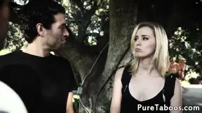 Hitch hiking blonde babe in cocksucking trio