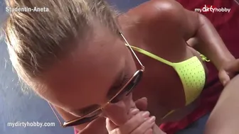 Amateur German blonde with big tits sunbathes and fucks a peeping tom