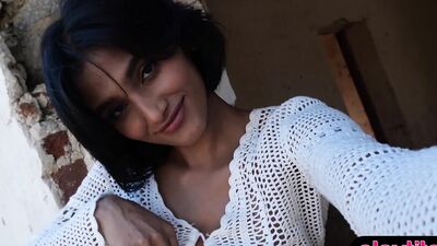 Ebony sweetheart Angel Constance treats you with a slow striptease in nature