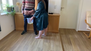 Fat mother-in-law pees like an animal and son-in-law watches and jerks
