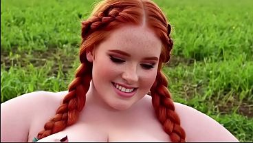 Huge-boobed AI-generated plump milkmaid gets it on in a barnyard scenario