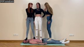 triple full weight trampling femdom with mistresses kira, sofi and agma