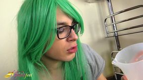 Transexual girl pissing and dringking own pee