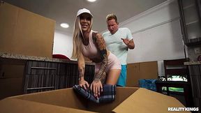 Slutty inked blondie fucks with her bf's best friend while they are moving