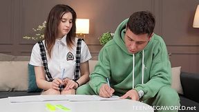 Slutty student girl Jane White in skirt fucks with her class mate