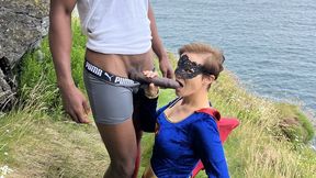 Super girl brings BBC back to life with a blowjob and gets fucked by 10inch BBC outside on public cliff, MILF fucking Massive Cock