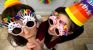 Birthday blow party with wet MAMA stepmother and filthy teen stepsis