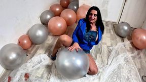 dominant denim milf balloon humiliation. giant popping, deepthroat, doggy and double cum