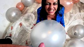 dominant denim milf balloon humiliation. giant popping, deepthroat, doggy and double cum
