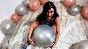 dominant denim milf balloon humiliation. giant popping, deepthroat, doggy and double cum