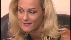 Girl with blonde hair gets her pussy licked and drilled on the couch