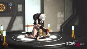 Hot sex in the sci-fi-lab. A sexy girl gets fucked by an android monster