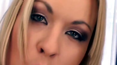 Blonde in black lace takes big cock deep before swallowing and receiving facial