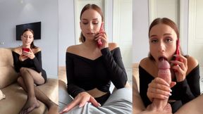Cheating wife deepthroats big cock while wearing black pantyhose