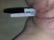 Baby girl tries to see how many markers fit in her tight shaved pussy