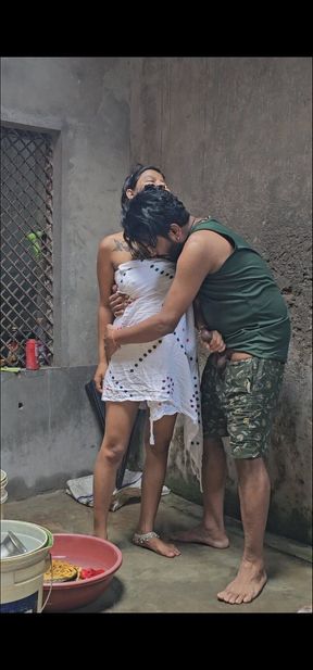 First Time Secretly Caught Village Stepsister Bathing