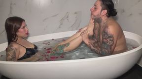 Underwater and bubbles fetish: footjob with bj and handjob