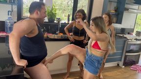 Three Girls Ballbusting in the kitchen ! 4K