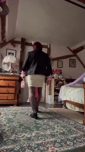 In an outfit with a short little skirt and a new blouse for an evening out.