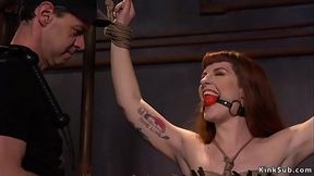 Redhead gangbang tormented in training