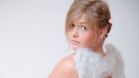 Elegant shiny blonde Audrey plays with her shaved hole in the morning