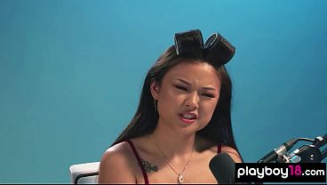 Petite teen Lulu Chu plays with her tiny titty hairy pussy in solo