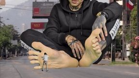Giant man on white dirty socks and Long Toenails foot domination for a tiny citizen