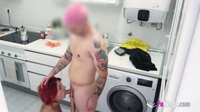 Albaan's sexy MILF redhead gives deepthroat blowjob to boyfriend's buddy