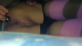 Insatiable shemale fucks herself with a big black cock gushes cum on her face