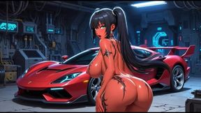 Cute red skin girls twerk in front of a sport car (Ai animation)
