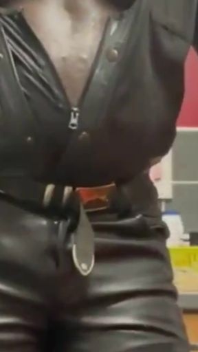 Leather Muscle Dad Smoking Solo Cock Scene