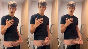 Hung twink Milo gets super horny on the train and shoots a big load