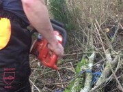 Muscular lumberjack cuts trees then strips to his jockstrap then gets naked and oils up his muscles!