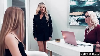 Teen is pimped out to her milfs big tits blonde boss for the weekend to save her job The busty milf boss kisses the small tits brunette and gets her shaved pussy licked She fingers and eats the teens pussy and faceits her until she cums