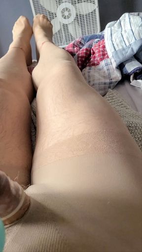 Cumshot tiny cock in condom, tan pantyhose