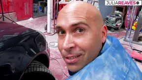 Lucky guy gets a messy three-way in his auto repair shop