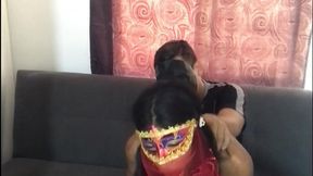 We came home with my boyfriend after a costume party and I sucked his delicious cock on the couch an