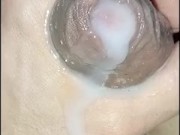 desperate big veiny penis ejaculating a lot of milk, closeup