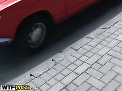 Public blowjob from blonde in red dress