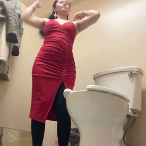 show sexy ass wear red dress in toilet room