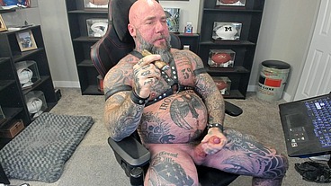 Jason Collins jerking off while smoking a cigar in leather with a MASSIVE cum shot!