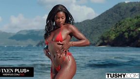 Sexy ebony chick Nicole Kitt makes a pleasant acquaintance on the beach.