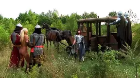 Medieval riders catch blonde temptress fucking their horses in the stable tonight