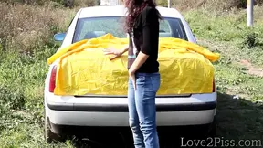Hot and wet pee on a rain coat