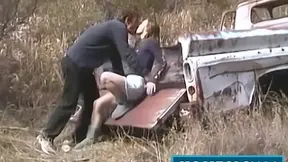 Slim brunette Cody pleasures big cock Rusty in cowgirl outdoors